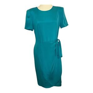 Vintage Silk Dress Teal Short Sz 10 Midi Faux Wrap Career Cocktail Party Jewel